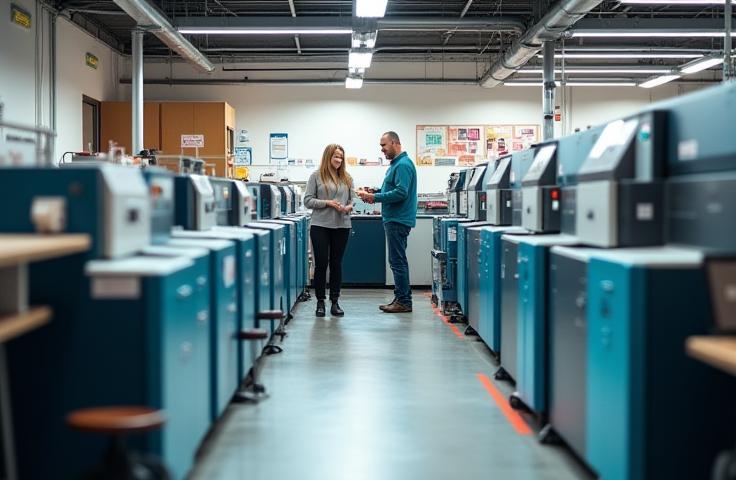 Atelier de CopieExpress FR à Lyon avec imprimantes modernes et équipe accueillante
